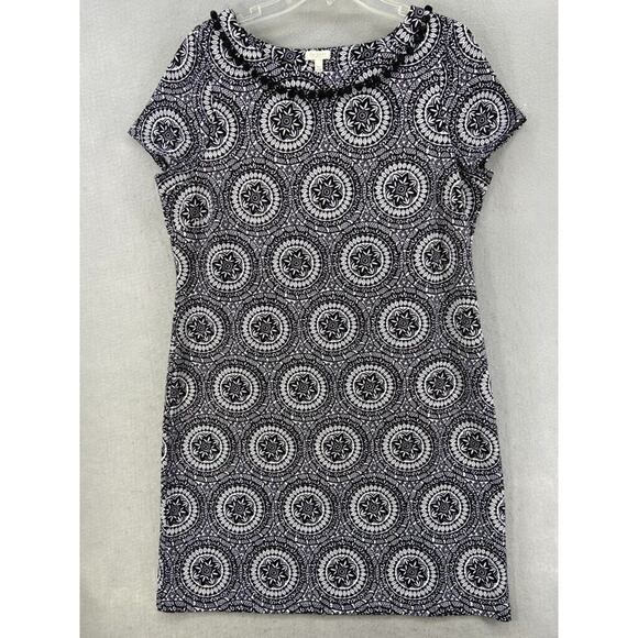 Talbots Petites Dress XLP Black Medallions Sheath Pom Poms Knee Length Short Slv - Picture 1 of 9